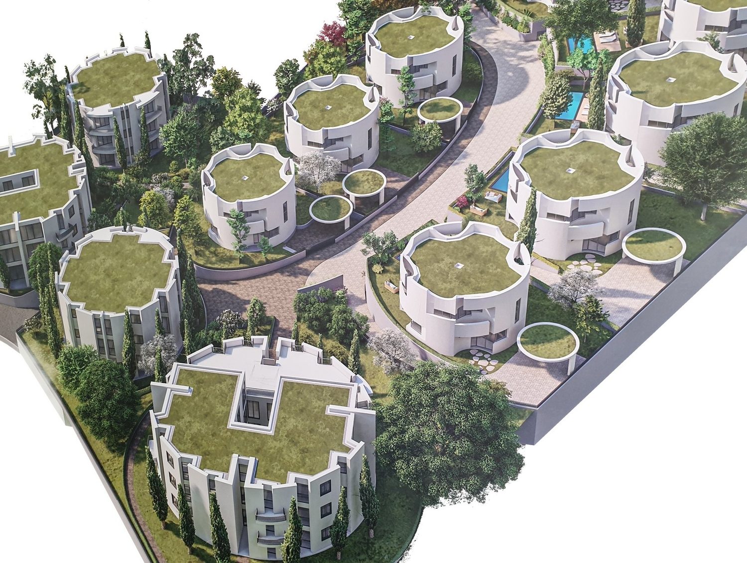 GreenValley — aerial view of the green-roof residences
